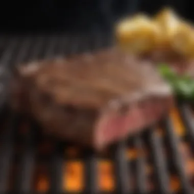 A close-up of a perfectly seared steak on a gas grill.