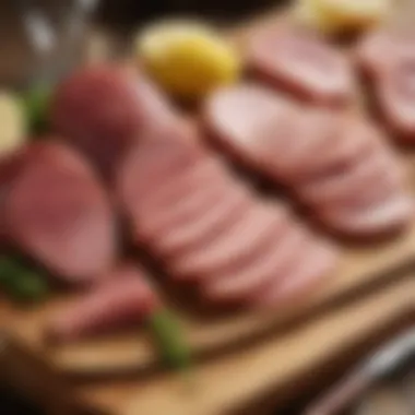 Assorted types of ham steak displayed on a wooden board