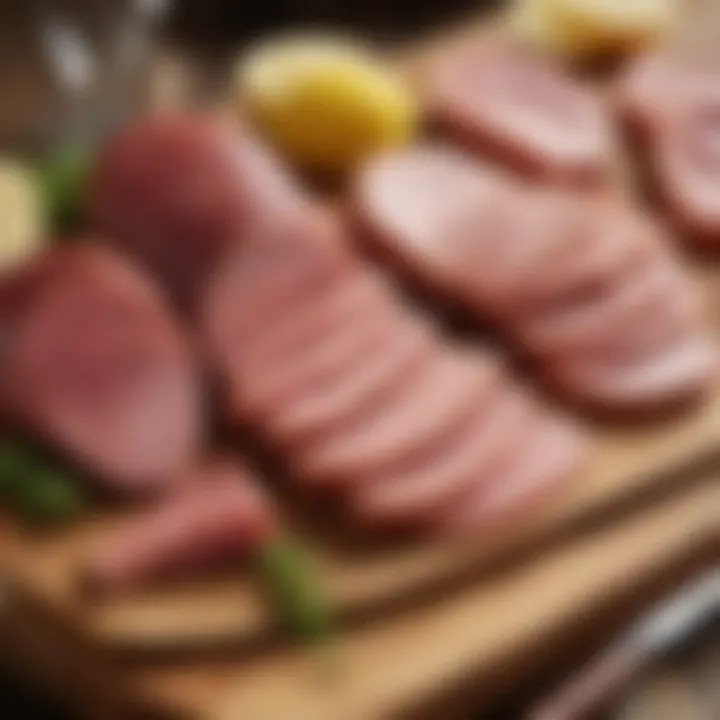 Assorted types of ham steak displayed on a wooden board