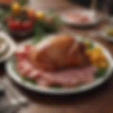 Festive Table with Canned Ham Centerpiece A festive table setting with canned ham as the centerpiece