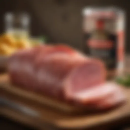 Sliced canned ham on a wooden cutting board
