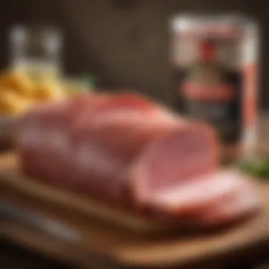 Sliced Canned Ham Presentation Sliced canned ham on a wooden cutting board