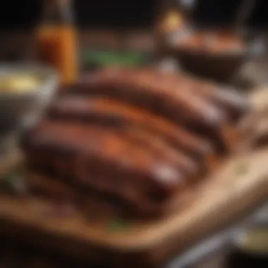 Delicious pork ribs served on a rustic wooden platter