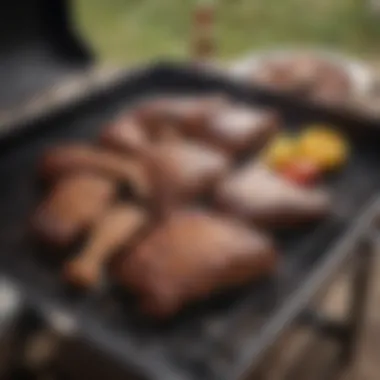 A grill set up with pork ribs ready for cooking