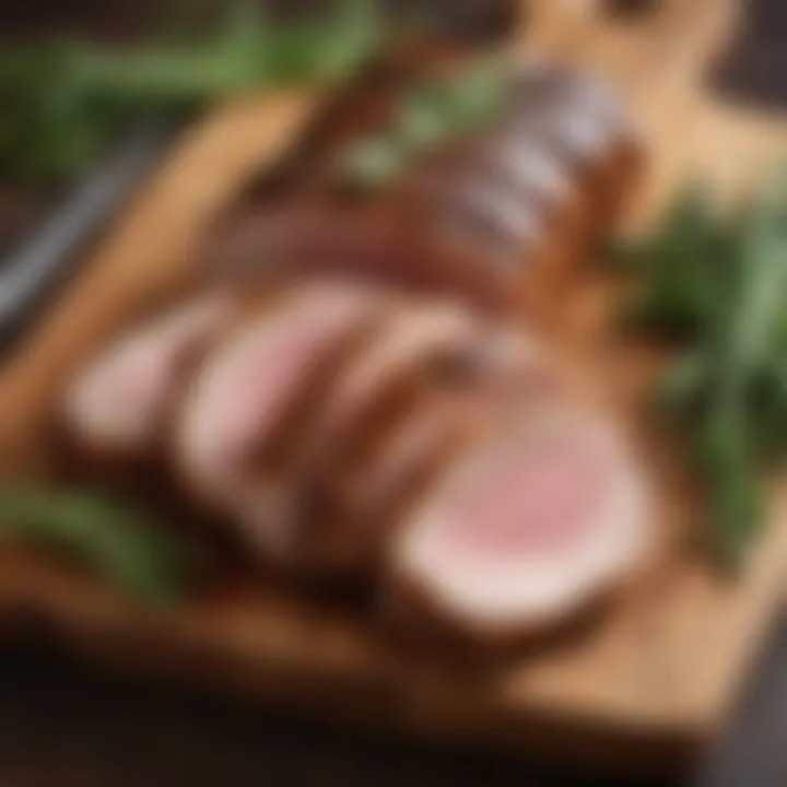 Juicy pork tenderloin resting on a cutting board with herbs and spices