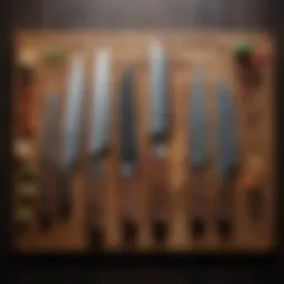A collection of high-quality cook's knives displayed elegantly on a wooden surface.