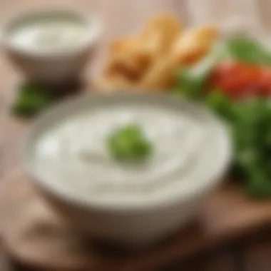 A bowl of creamy ranch dressing garnished with parsley