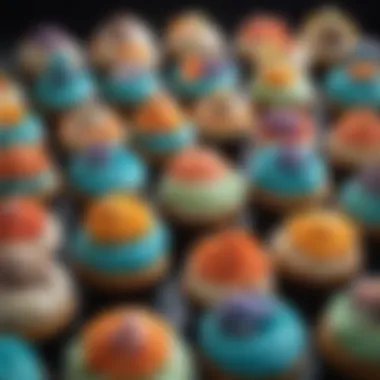 An array of colorful ocean-inspired cupcakes adorned with marine motifs.