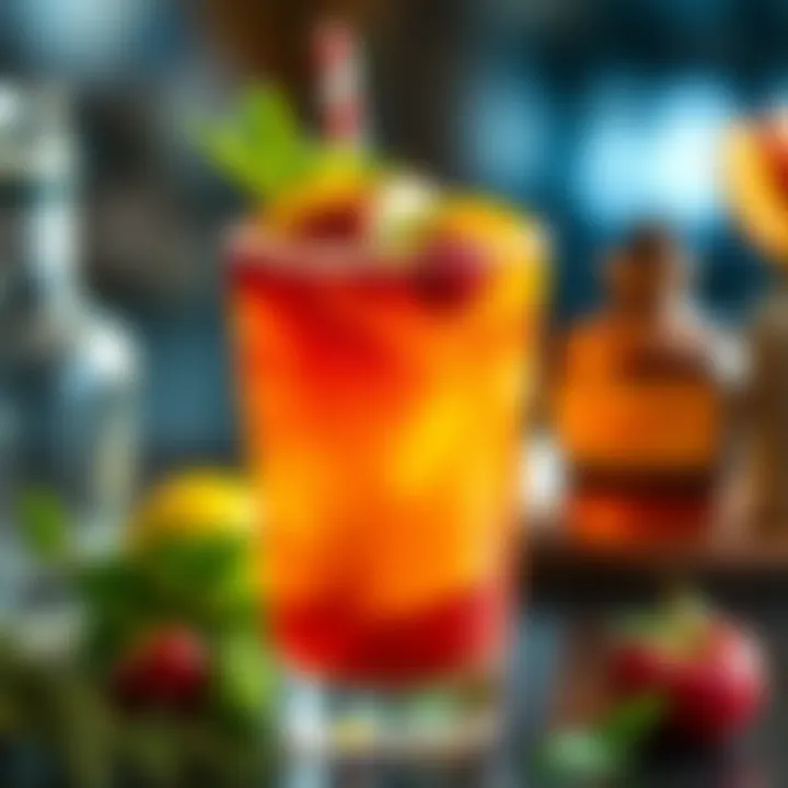 Close-up of a colorful cocktail with apple pie moonshine, layered with bright fruit garnishes and herbs