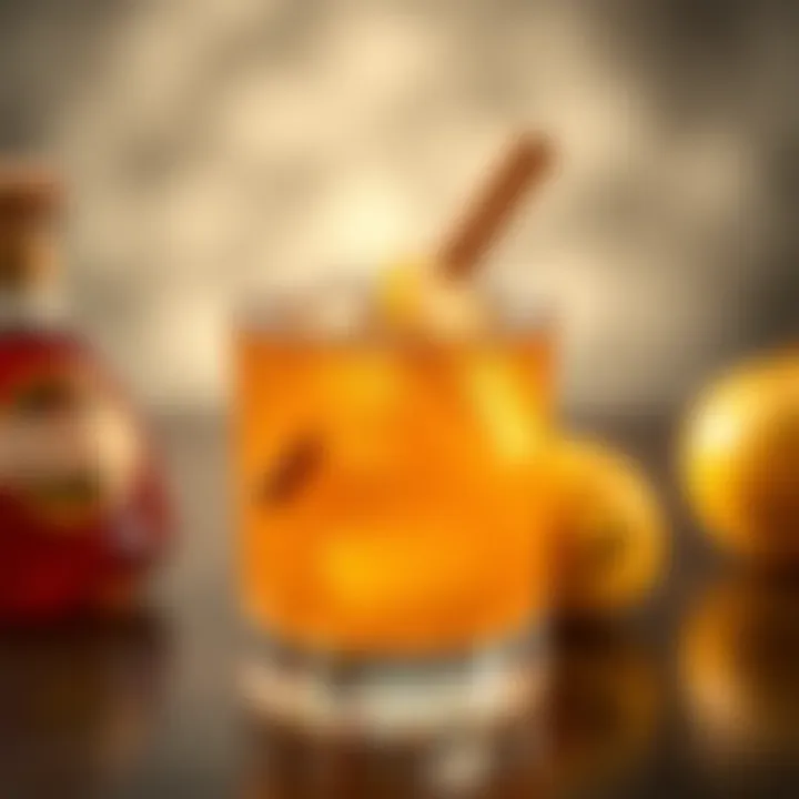 Elegant cocktail glass filled with apple pie moonshine cocktail, garnished with a cinnamon stick and apple slice