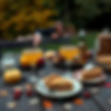 Charming outdoor setup featuring a rustic wooden table adorned with cocktails, slices of pie, and autumn decor