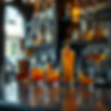 Stylish bar counter showcasing an array of drinks made with apple pie moonshine, along with decorative glassware