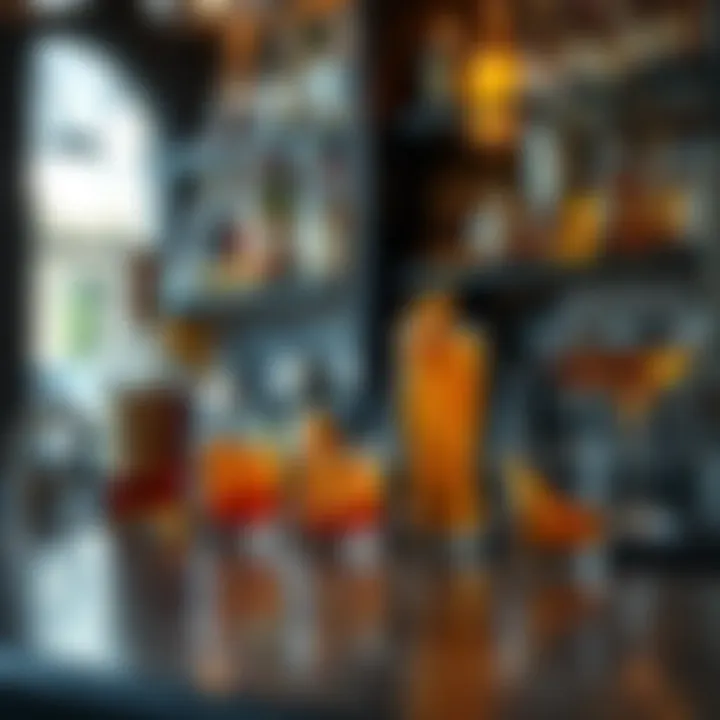 Stylish bar counter showcasing an array of drinks made with apple pie moonshine, along with decorative glassware