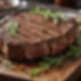 A beautifully grilled steak with grill marks and fresh herbs