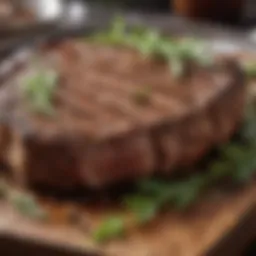 A beautifully grilled steak with grill marks and fresh herbs