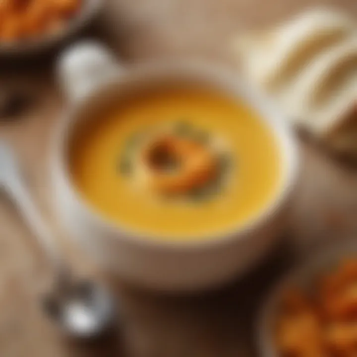 A close-up of a spoonful of creamy butternut squash soup highlighting its texture.