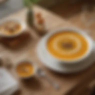 A beautifully set dining table featuring butternut squash soup as the centerpiece.