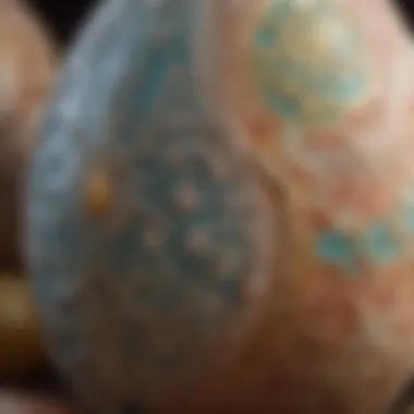 Close-up of intricate patterns and designs on a single Easter egg.