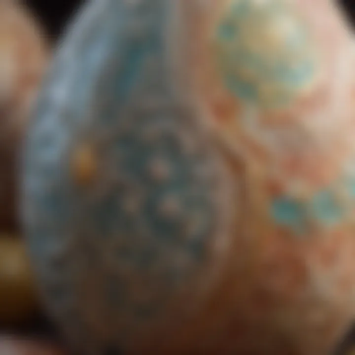 Close-up of intricate patterns and designs on a single Easter egg.