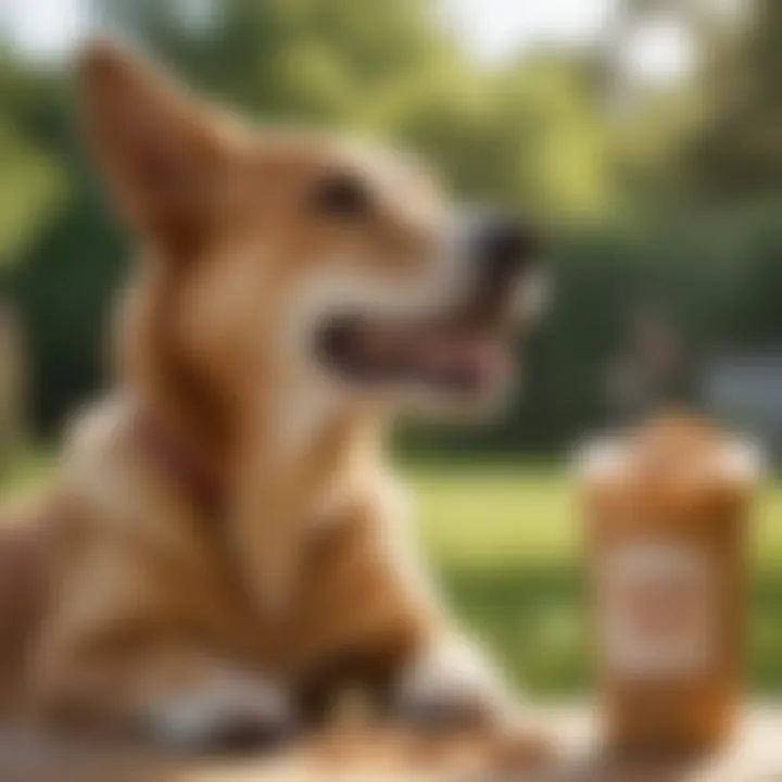 Happy dog enjoying a peanut butter treat in a sunny outdoor setting