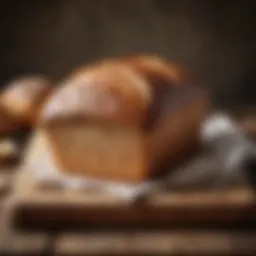 A loaf of freshly baked gluten-free bread resting on a wooden cutting board with a rustic background.