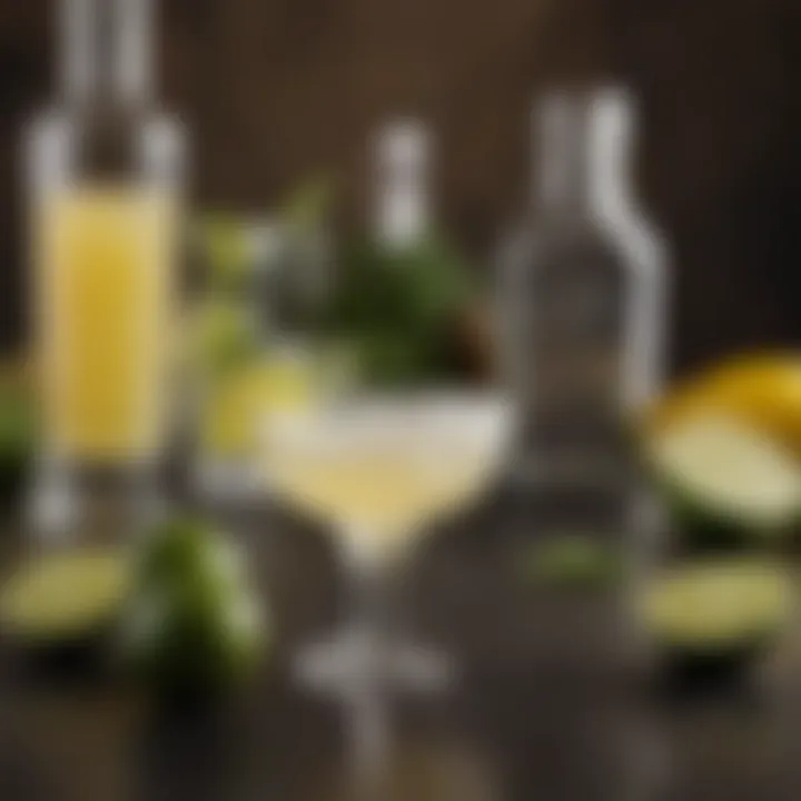 Selection of fresh ingredients for margaritas including limes, tequila, and ice