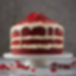 Luxurious cream cheese frosting spread over a slice of red velvet cake