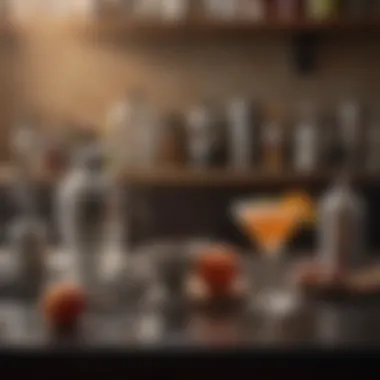 An array of cocktail equipment including a shaker and strainer on a polished bar counter.