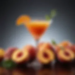 Close-up of fresh peaches and cocktail ingredients arranged elegantly.