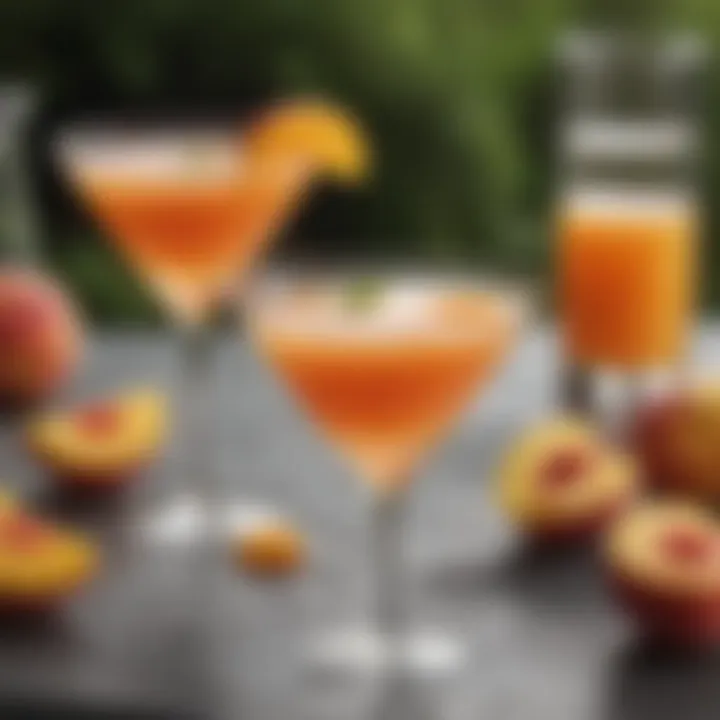 A beautiful outdoor setting featuring a peach martini served with peach garnishes.