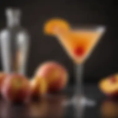 A pristine martini glass filled with a peach martini adorned with a slice of peach.