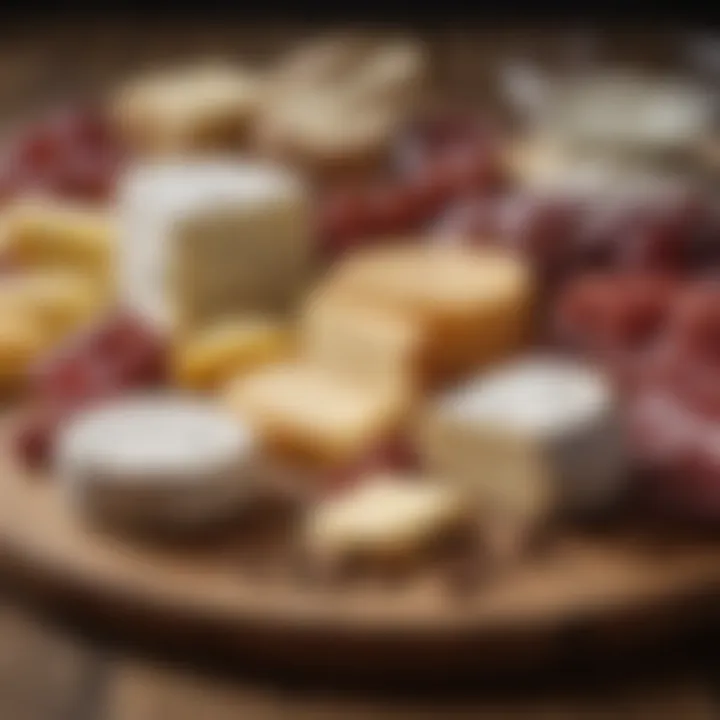 A close-up of artisanal cheeses and meats on a rustic wooden board