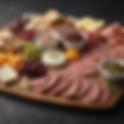 An elegant charcuterie board showcasing a variety of meats and cheeses