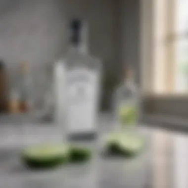 Elegant display of gin bottles and fresh cucumber on a marble countertop