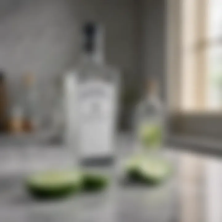 Elegant display of gin bottles and fresh cucumber on a marble countertop