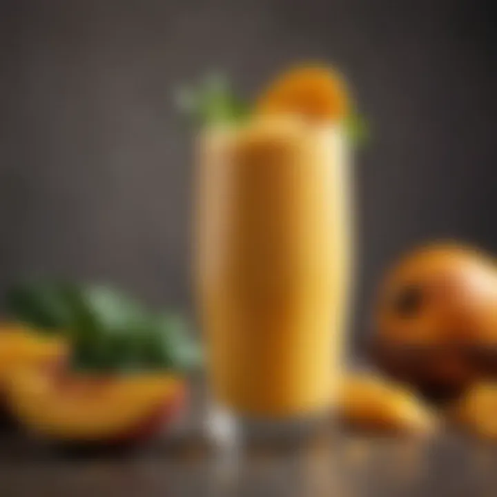 A perfectly blended mango smoothie in a glass with garnishes.