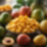 Vibrant mangoes and tropical fruits arranged artistically.