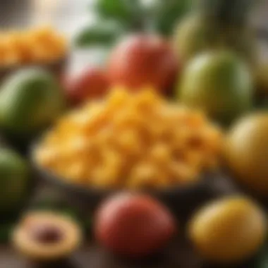 Mangoes and Tropical Fruits Vibrant mangoes and tropical fruits arranged artistically.