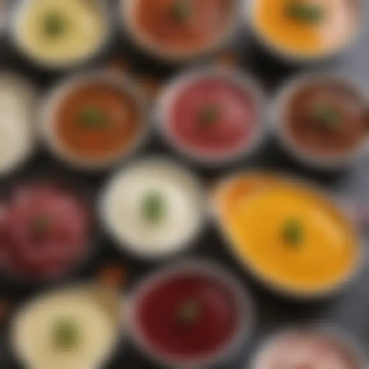 A close-up of assorted sauces in small bowls, showcasing their textures and colors.