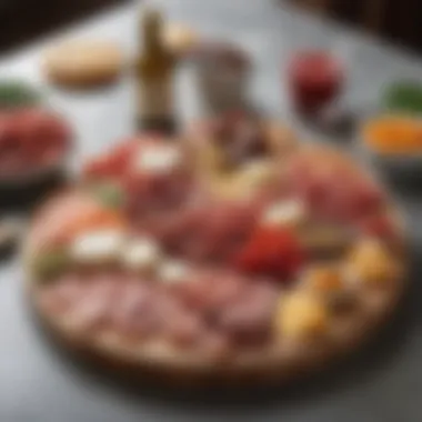 Elegant Charcuterie Presentation An elegant charcuterie board featuring various meats and cheeses paired with sauces.