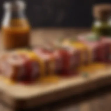 Gourmet Sauces Enhancing Flavors Delicious gourmet sauces drizzled over meats and cheeses on a wooden board.