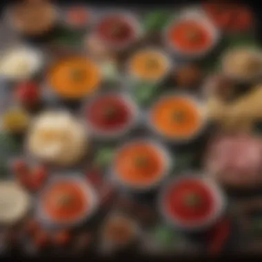 Unique Sauce Blends and Fresh Ingredients A vibrant display of unique sauce blends next to fresh ingredients like herbs and spices.