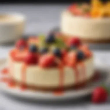 Close-up of a creamy vegan cheesecake topped with fresh fruits