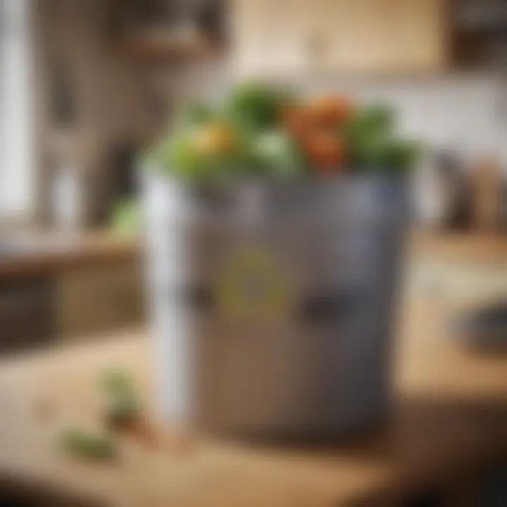 Creative recycling ideas displayed around a kitchen scrap bucket, emphasizing eco-friendly practices.