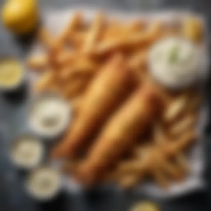 A close-up of crispy fish fillets and fluffy chips served with tartar sauce and lemon