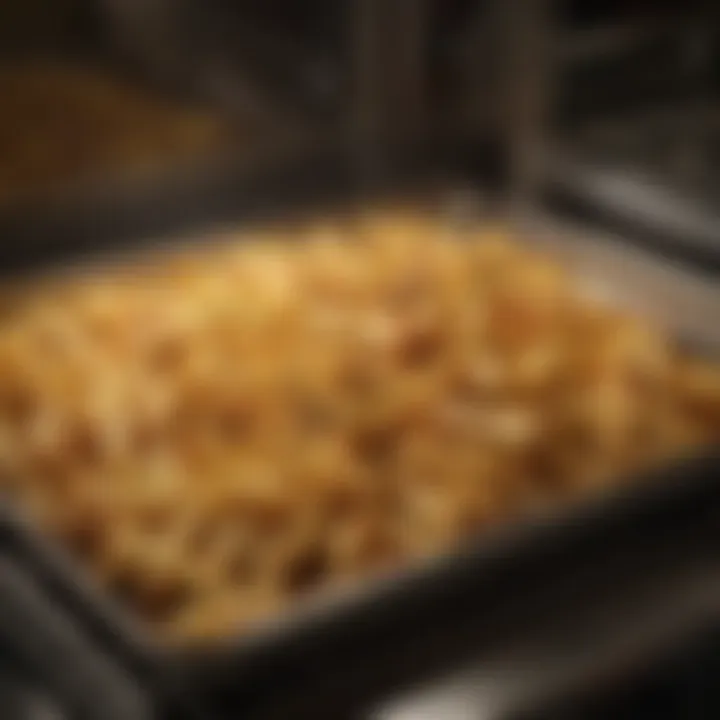 A tray of fries in the oven with a golden hue