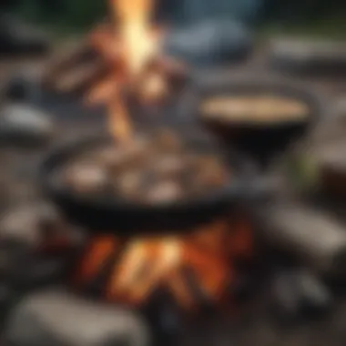 A rustic setup featuring a campfire and cast iron cookware