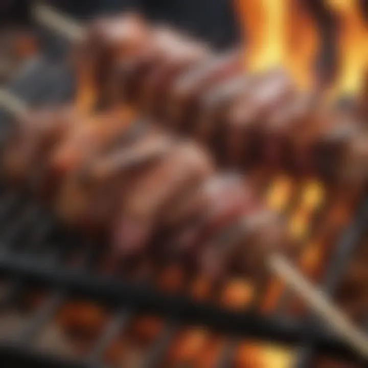 Juicy meats skewered and poised above an open flame