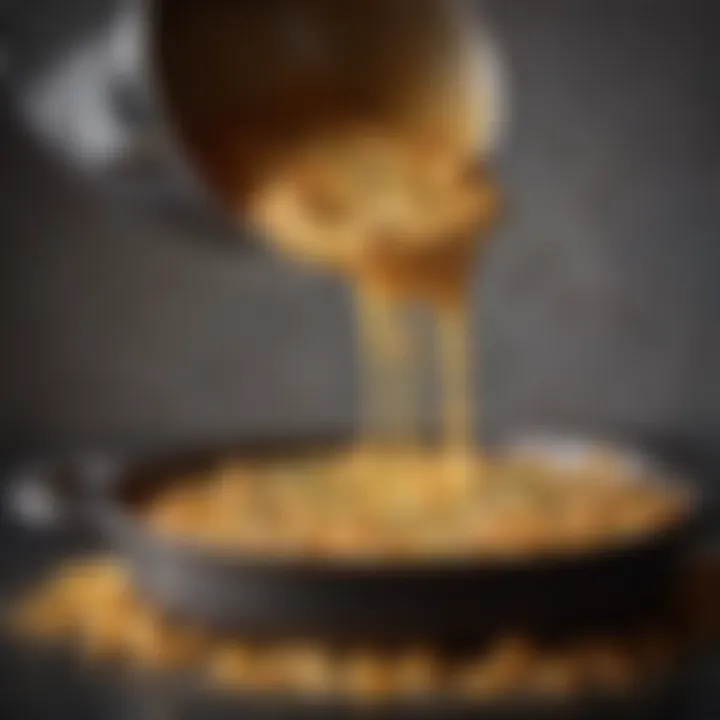 Close-up of a savory batter being poured into a pan