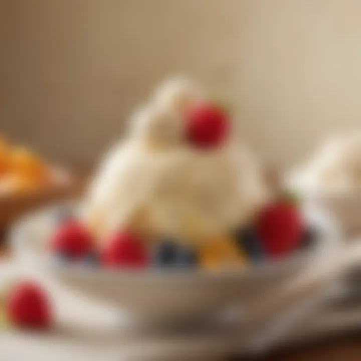 A bowl of almond ice cream garnished with fresh fruit
